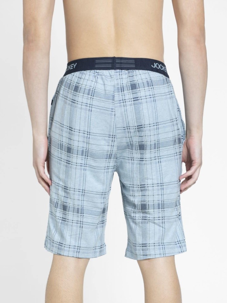 Men's Tencel Micro Modal Cotton Elastane Stretch Regular Fit Checkered  Sleep Shorts with Side Pockets - Light Blue Print