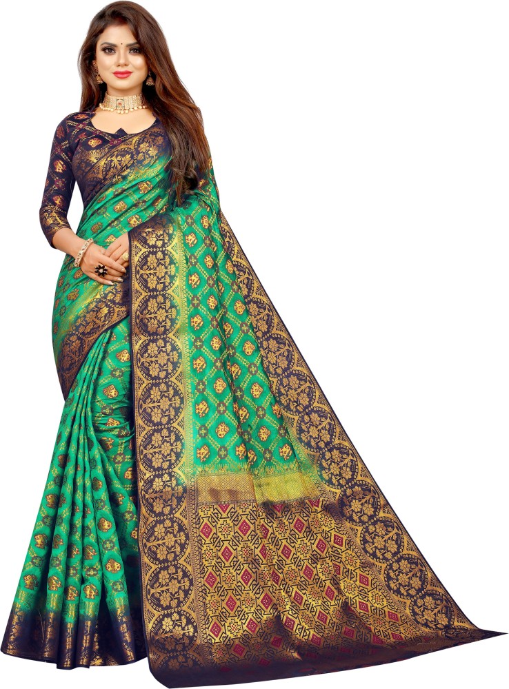 Buy Elani Trendz Woven Banarasi Jacquard Cotton Silk Silver Dark Green Gold Black Sarees Online Best Price In India Flipkart