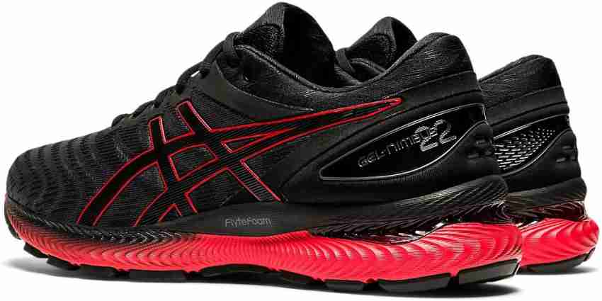 Asics red store and black shoes