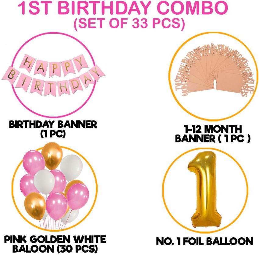 Party Propz 1st Birthday Decorations Kit For Baby Girl with 1-12 Month  Milestone Banner Number 1 Foil Balloon with Pink Banner Set 33Pcs for Girls  Kids Party Celebration Price in India 