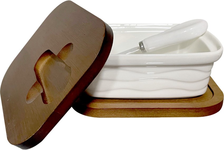 Porcelain Butter Dish With Knife & Wooden Lid. Airtight Butter