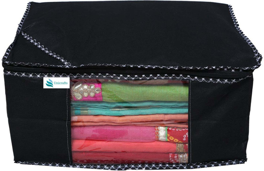 Home Style India Saree Cover Extra Large Saree Organizer with a Large Transparent Window for Clothes Wardrobe Organiser Non Woven Sari Storage Bags Combo Set of 2 Pc Black Price in India