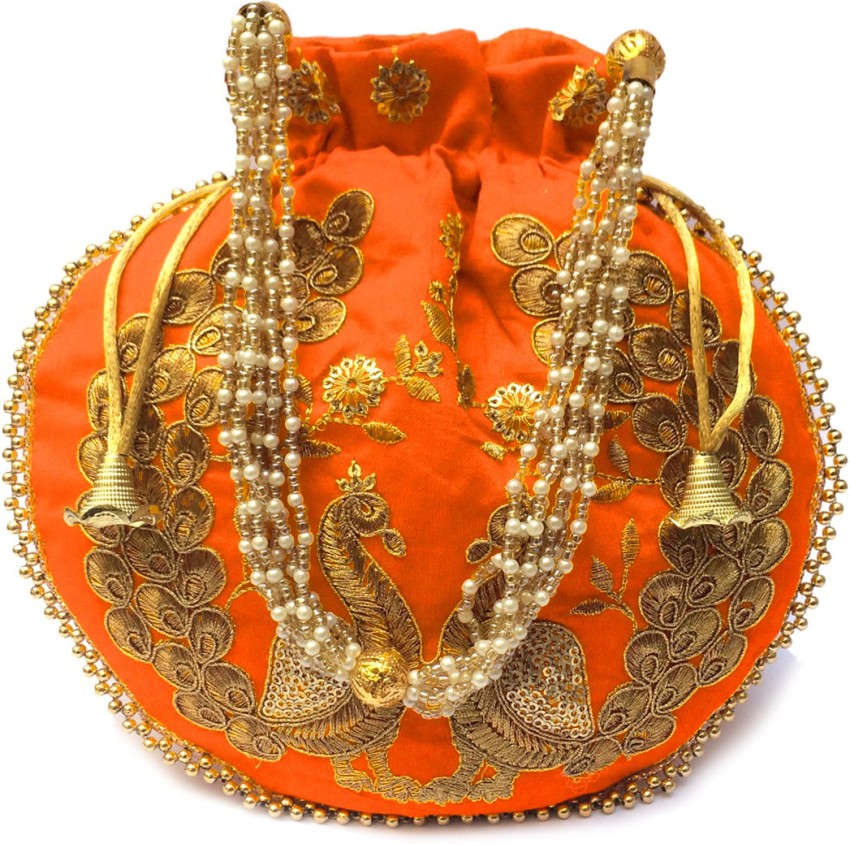 Shubh Shagun Peacock Embroidered Potli Orange Gold Price in