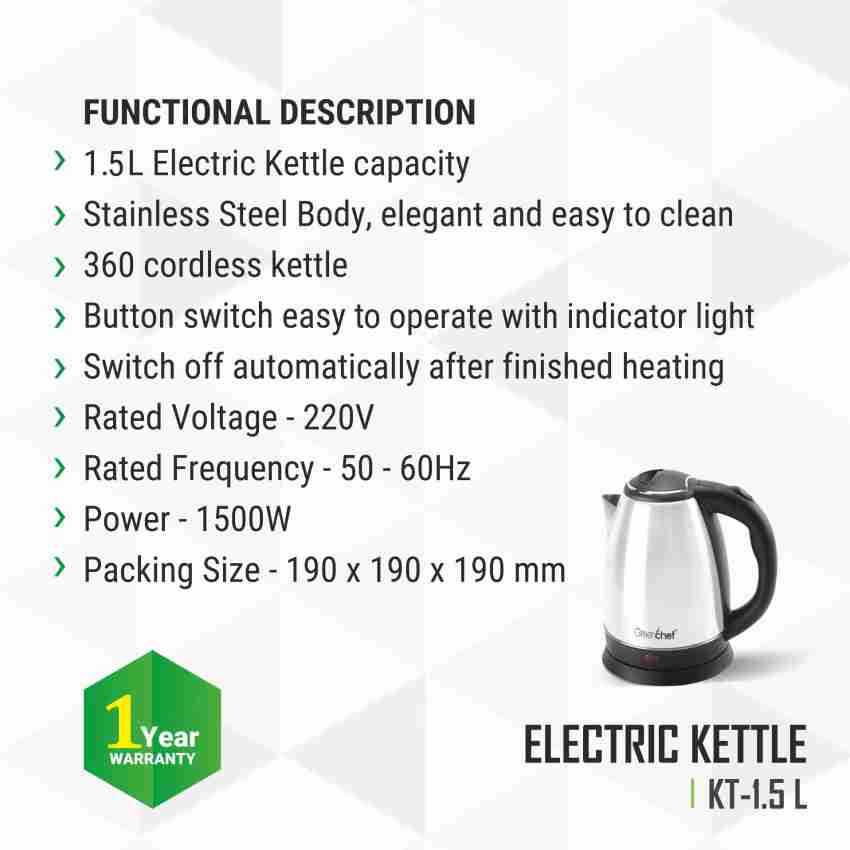 Eco + Chef 1.5 Liter Electric Kettle Cordless Kettle W/360 Degrees