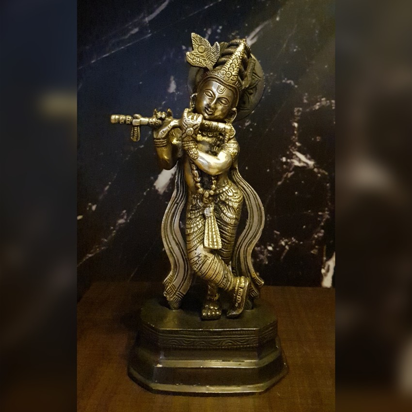 Divya Mantra Sri Krishna Playing Flute Brass Statue Janmashtami Murti Kanha  Bansuri Idol Bhagwan Shri Thakur ji Home Decor Mandir God Brass Decorative  Showpiece Lord Pooja Beautiful Statues - Brown Decorative Showpiece 