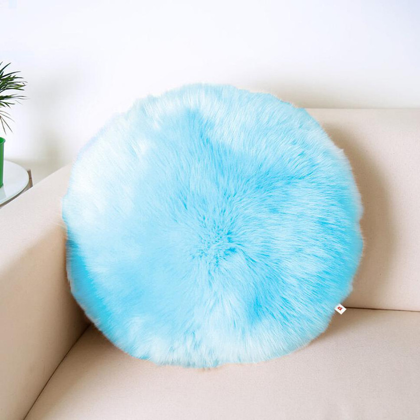 Wondershala Blue round fur pillow Round shape cushion Zipper