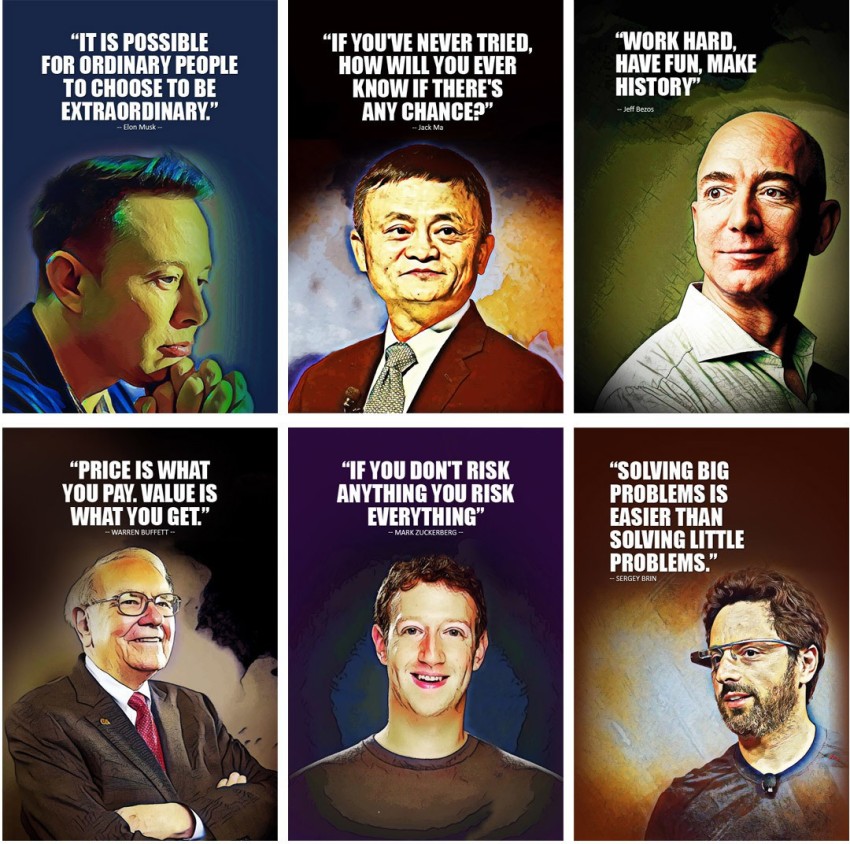 Motivational and Inspirational Quotes Wall Posters, (Elon Musk, Bill Gates,  Jack Ma, Warren Buffett, Bernard Arnault, Sergey Brin) 12x18 Each, Pack of