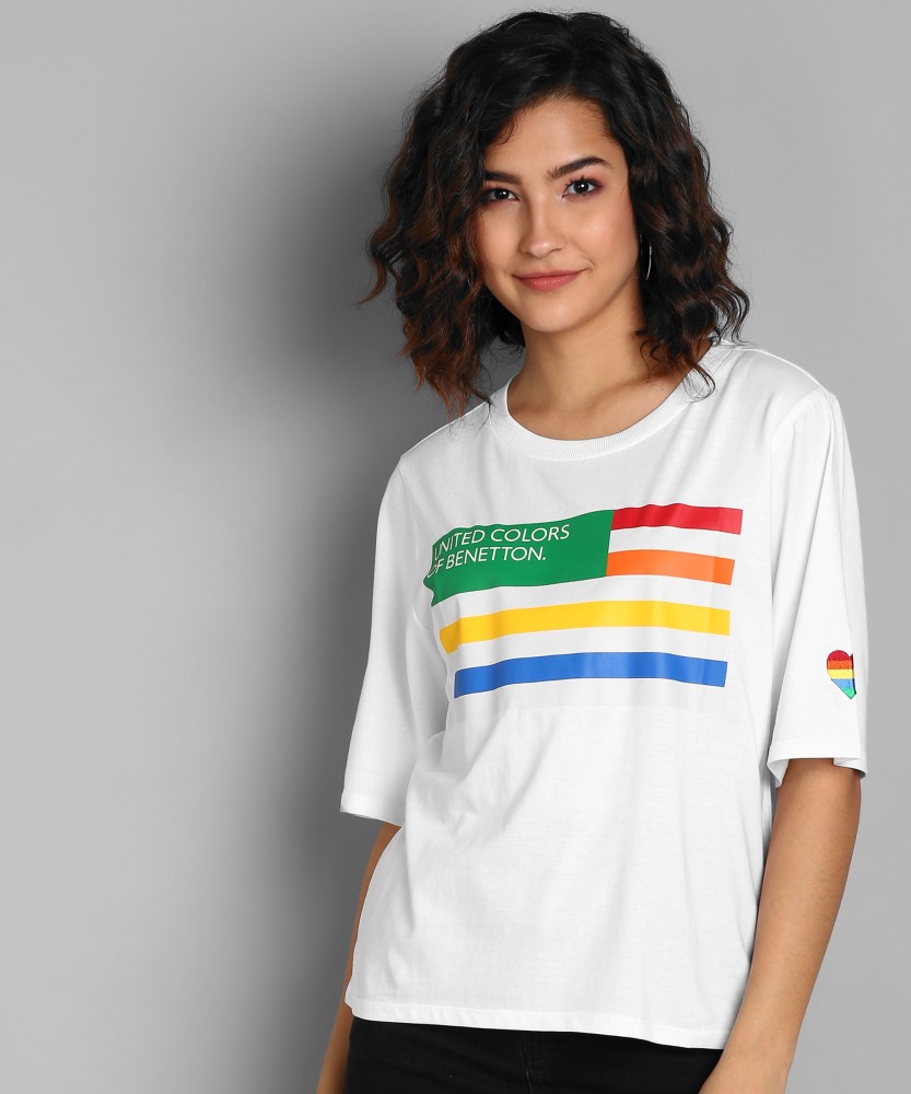 United Colors of Benetton Printed Women Round Neck White T-Shirt - Buy United  Colors of Benetton Printed Women Round Neck White T-Shirt Online at Best  Prices in India