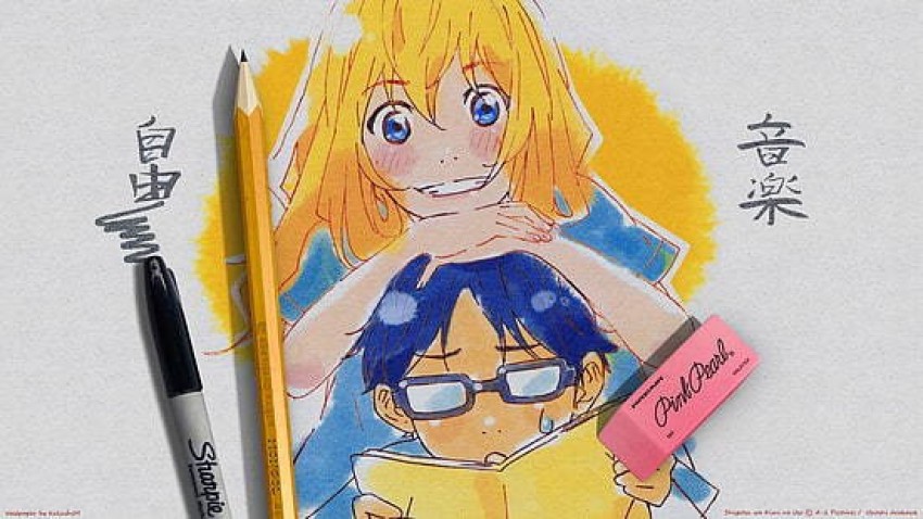  Wall Scroll Poster Fabric Painting For Anime Shigatsu wa Kimi  no Uso Kaori Miyazono & Kousei Arima 001 L: Posters & Prints