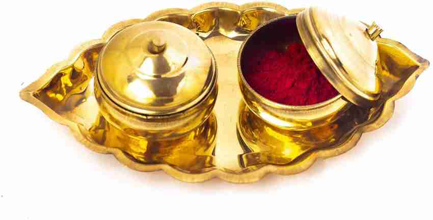 Brass Pooja Thali Set of 5 Pcs, Pooja Plate with 2 Bowl, 1 Glass