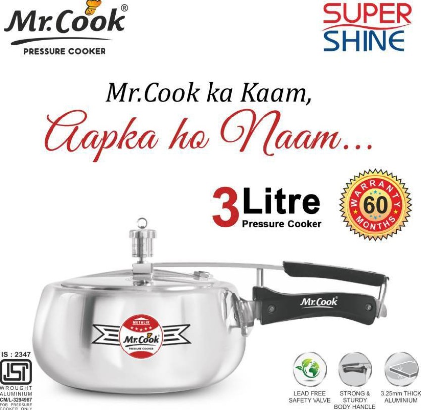 MR COOK By United Metalik Regular Aluminium Non-Induction Pressure Cooker  with Inner Lid, 3 Litres (Silver)