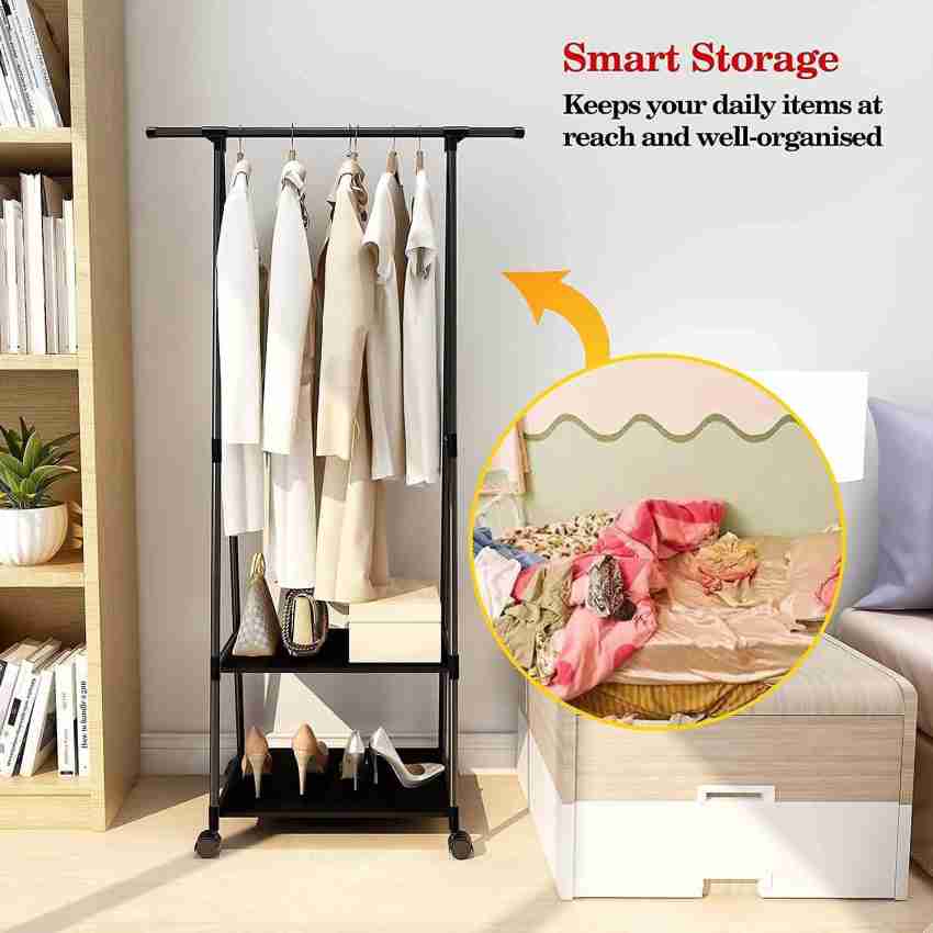 lukzer Double Garment Stand Cloth Rack Storage Organizer with Bottom Shelf ( White) Metal Coat and Umbrella Stand Price in India - Buy lukzer Double  Garment Stand Cloth Rack Storage Organizer with Bottom