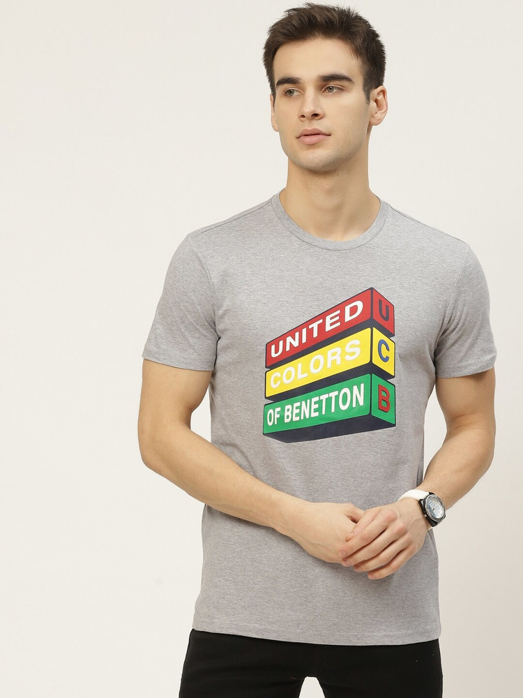 United Colors of Benetton Printed Men Round Neck Grey T Shirt