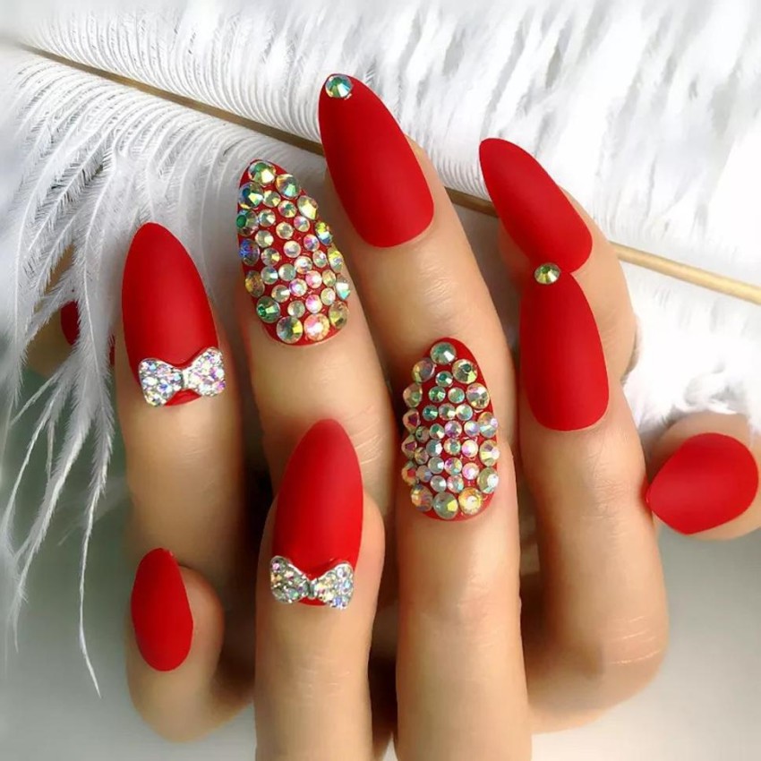 Buy Secret Lives® acrylic press on nails designer bridal artifical nails  extension red color and silver 3d bow with red & silver crystals design 24  pieces set with glue sheet Online at