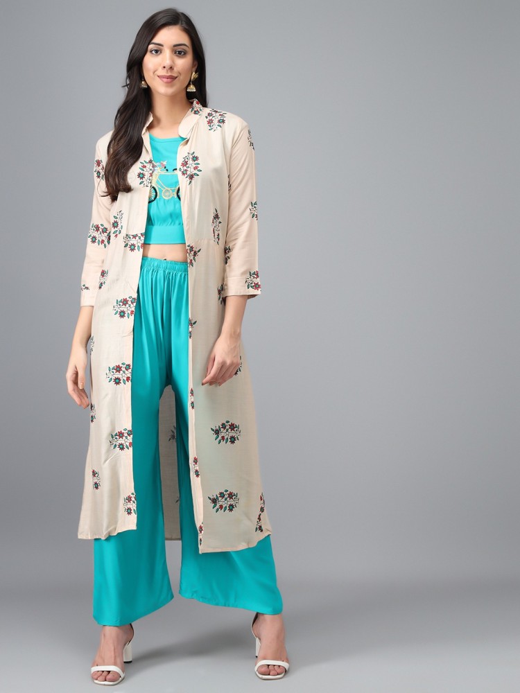 Blue Colour Printed Art Georgette Duster Jacket with Art Crepe