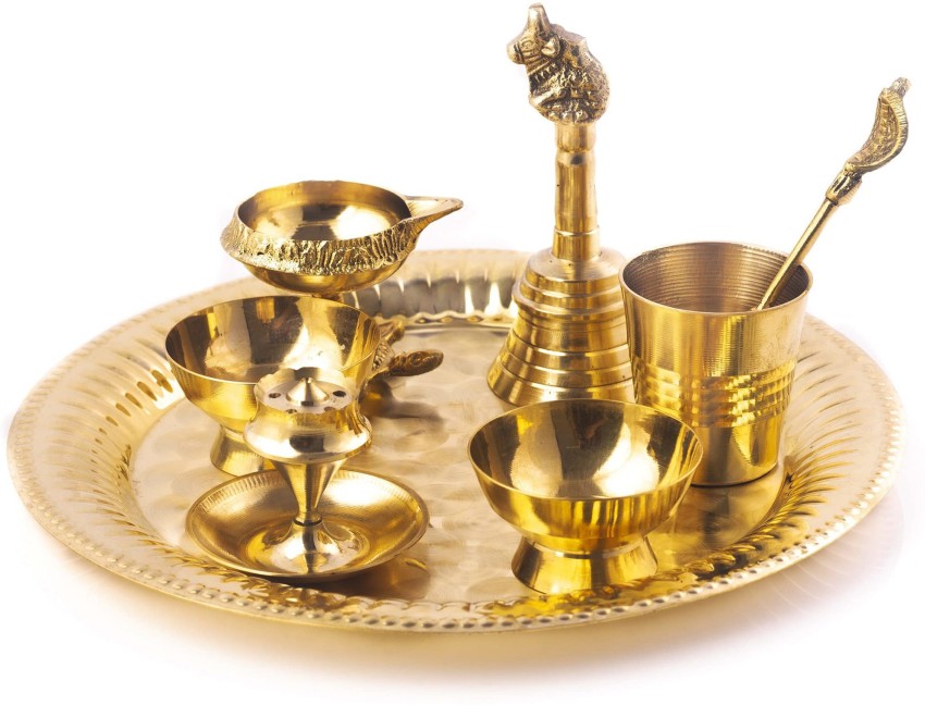 diollo Width 8 Inch Brass Pooja Aarti Thali Set Indian Occasional