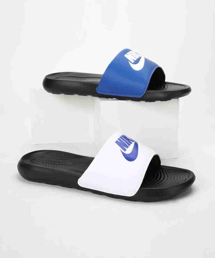 Black and clearance blue nike slides