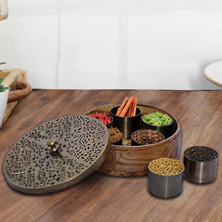 nestroots Masala Box for Kitchen Steel Stylish Masala dani Spice Rack containers for Kitchen Storage Spice Organizer Box with Laser Cut Designer lid 7 Jars Gold 9 inch