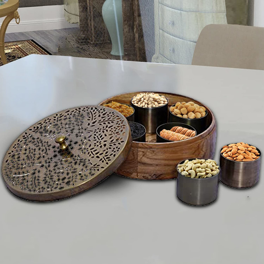 nestroots Masala Box for Kitchen Steel Stylish Masala dani Spice Rack containers for Kitchen Storage Spice Organizer Box with Laser Cut Designer lid 7 Jars Gold 9 inch
