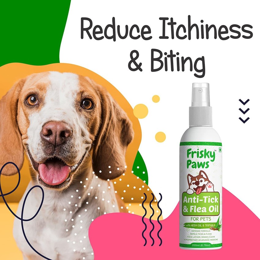 Frisky Paws Anti Tick Flea Oil Spray Treatment and Repellent Spray for Dogs Puppies Cats of All Breeds with Neem Oil Aloe Vera Triphala 400ml Flea and Tick neem Dog