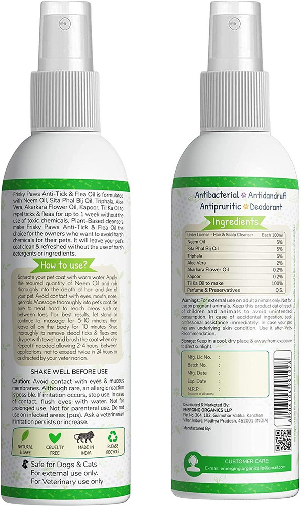 Frisky Paws Anti Tick Flea Oil Spray Treatment and Repellent Spray for Dogs Puppies Cats of All Breeds with Neem Oil Aloe Vera Triphala 400ml Flea and Tick neem Dog