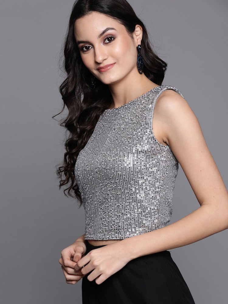 inddus Party Sleeveless Embellished Women Silver Top - Buy inddus Party  Sleeveless Embellished Women Silver Top Online at Best Prices in India