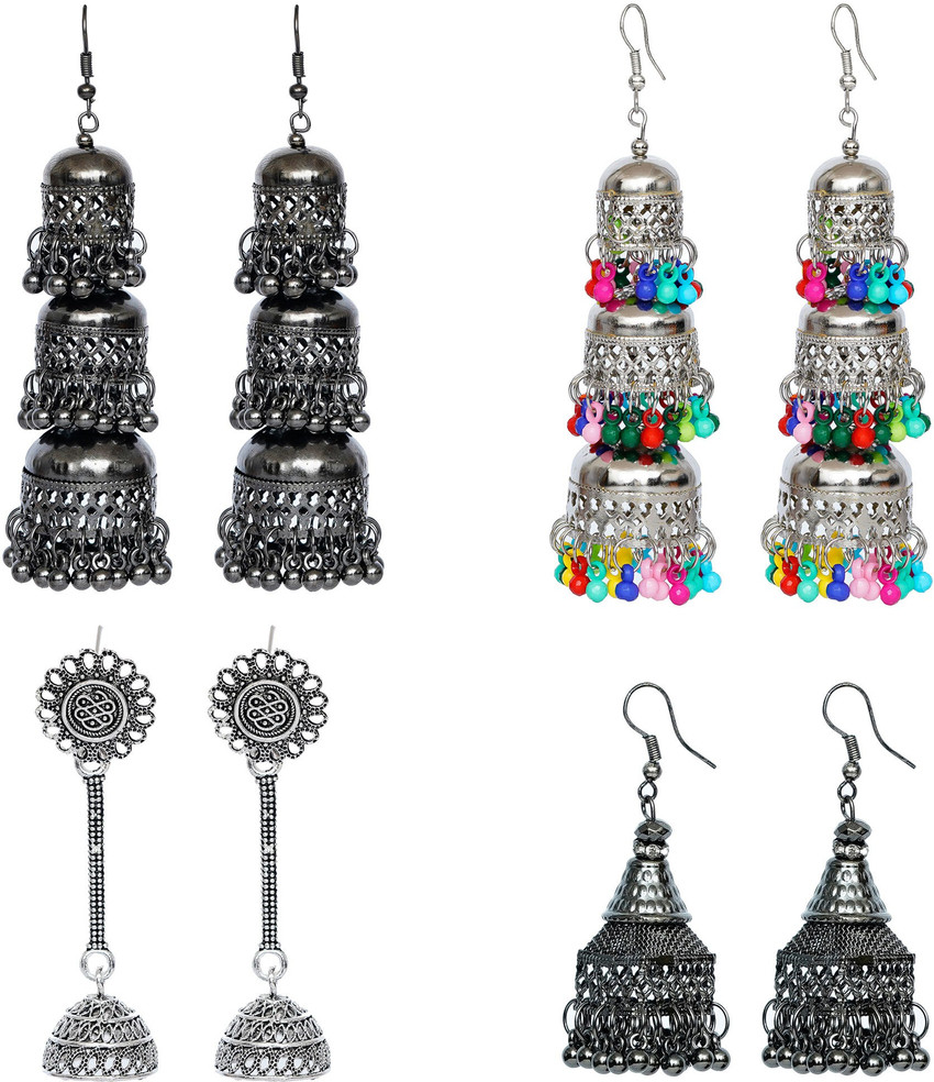 Flipkart Buy YOTOG Combo of 4 Fancy Long Black Silver Oxidised Party wear 3 Layer Jhumka for Girls and women Three Layer Jhumka with long Chain Bahubali style Alloy Brass Jhumki