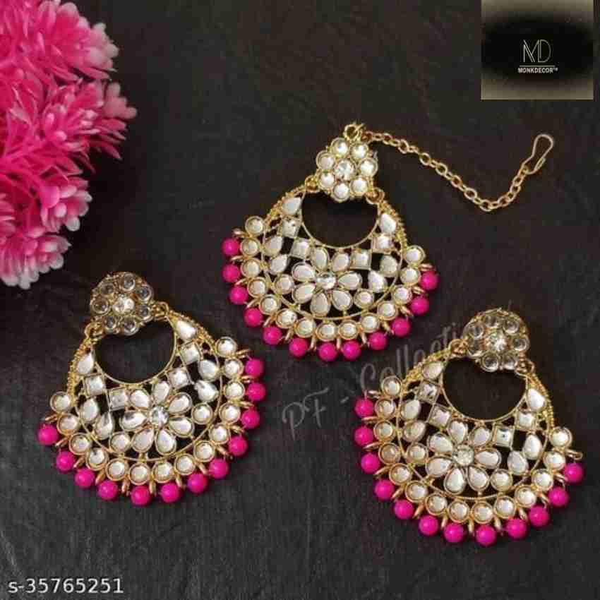 Flipkart Buy TANLOOMS Very High Quality Floral Design Earring With Maang Tikka Party Wear and wedding Wear For Girls and Women. Design 3 Pink Color Brass Earring Set Online at Best Prices in