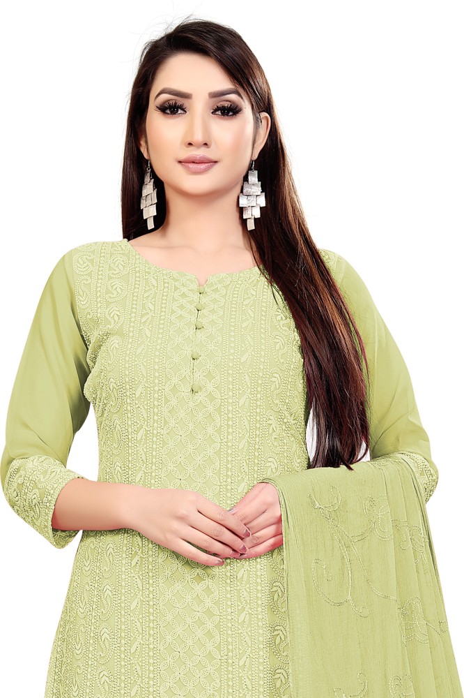 Chanderi Silk Light Green Churidar Pant Dupatta Set for Women