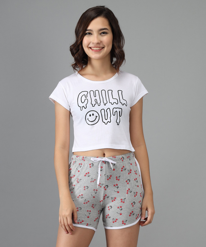 Fit N Fame Women Printed White Grey Top Shorts Set Price in