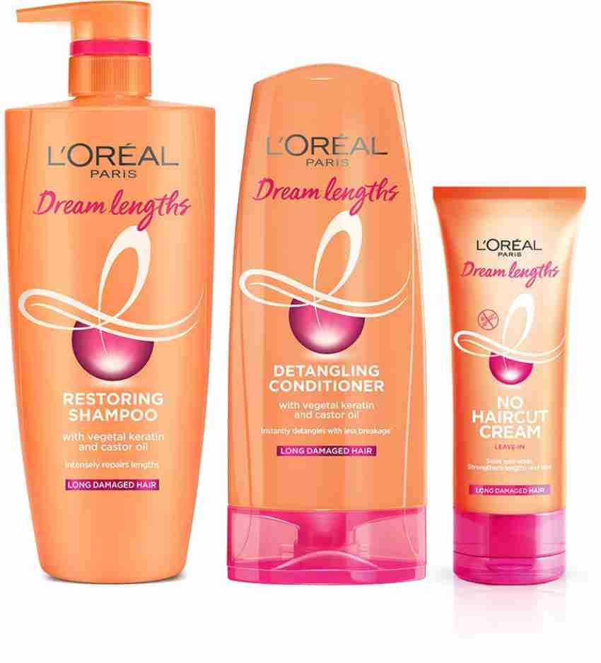 L'Oréal Paris Dream Lengths Long Hair DREAMS KIT Paraben Free Restoring Shampoo 704ml + Detangling Conditioner 192.5ml + No haircut Cream Leave In Conditioner 50ml) (Pack 3 Prodcuts) - Price