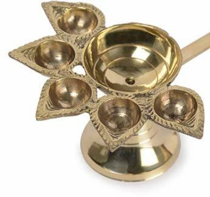 COPPER KITCHEN Pure Brass Panch Mukhi Aarti Diya & Handle Puja