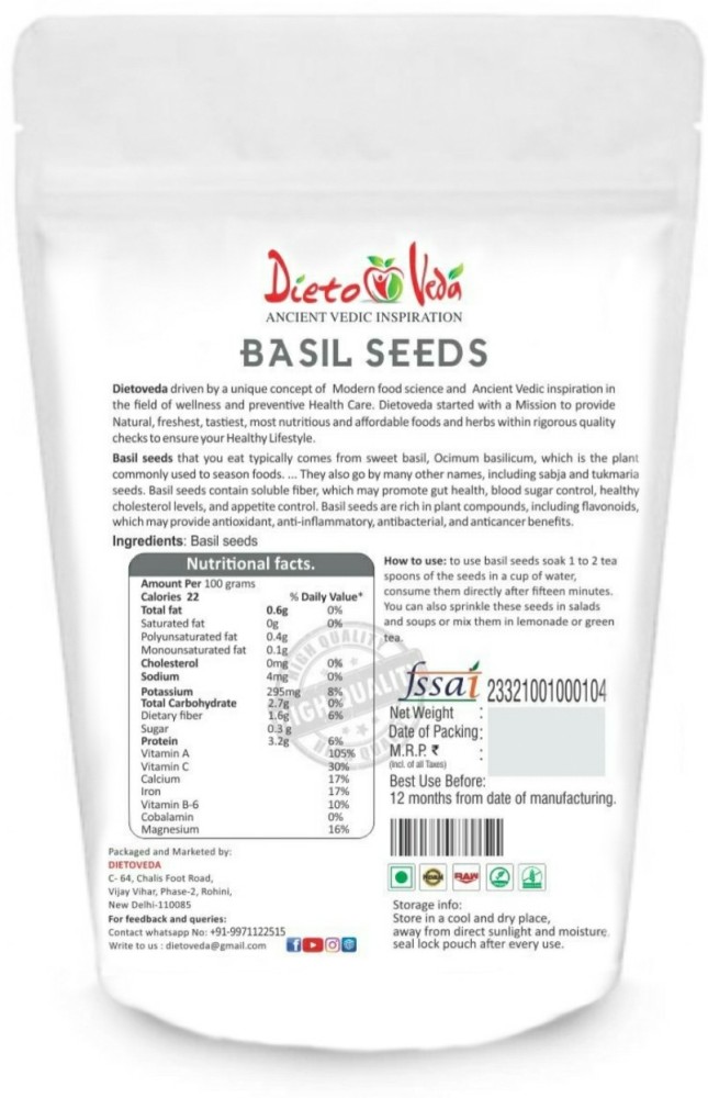 DIETOVEDA NATURAL RAW BASIL SEEDS SABJA TUKMARIYA SUPER FOOD WITH