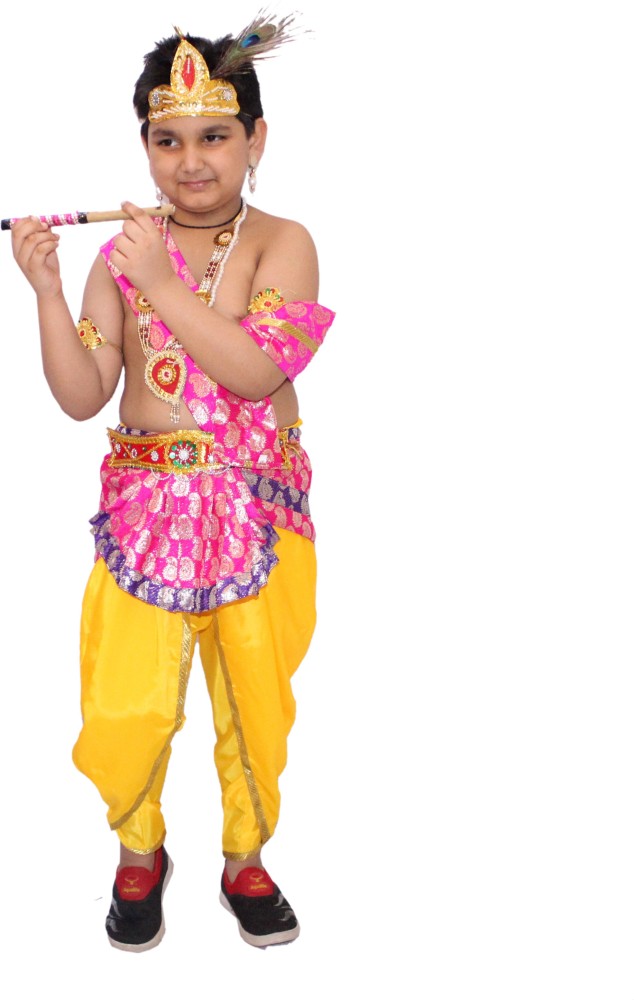 The Holy Mart Krishna Dress for Kids for 6 months to 2 years, Yellow Cotton  Embroidered Kurta Dhoti Gopal Fancy dress with Mukut, mala, Bansuri,  morpankh, Janmashtami Dress for Baby girl :