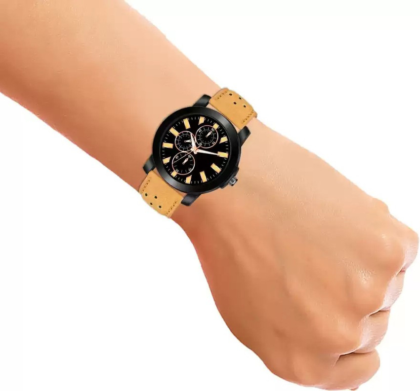THE STATUS Combo of Black dial Yellow Belt watch With King