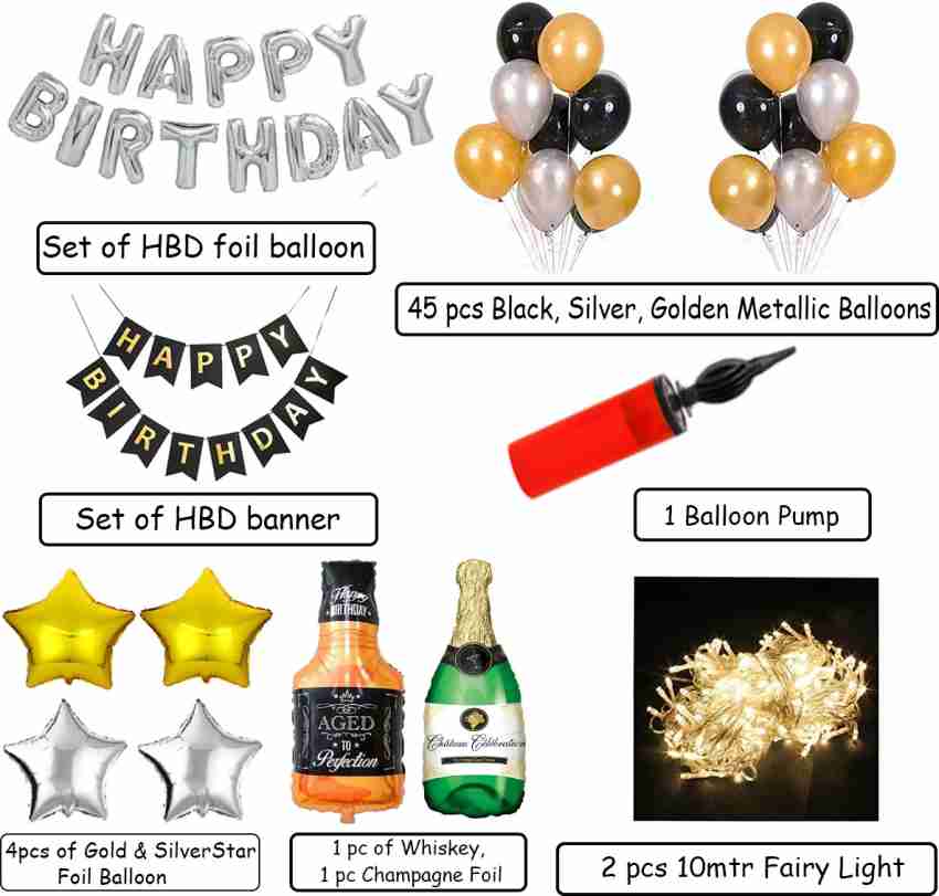 Black Gold Birthday Decorations, Black & Gold Party Decorations with Happy  Birthday Banner, Chrome Silver Confetti Latex Balloons, Champagne Crown  Foil Balloon for Birthday Party Supplies 