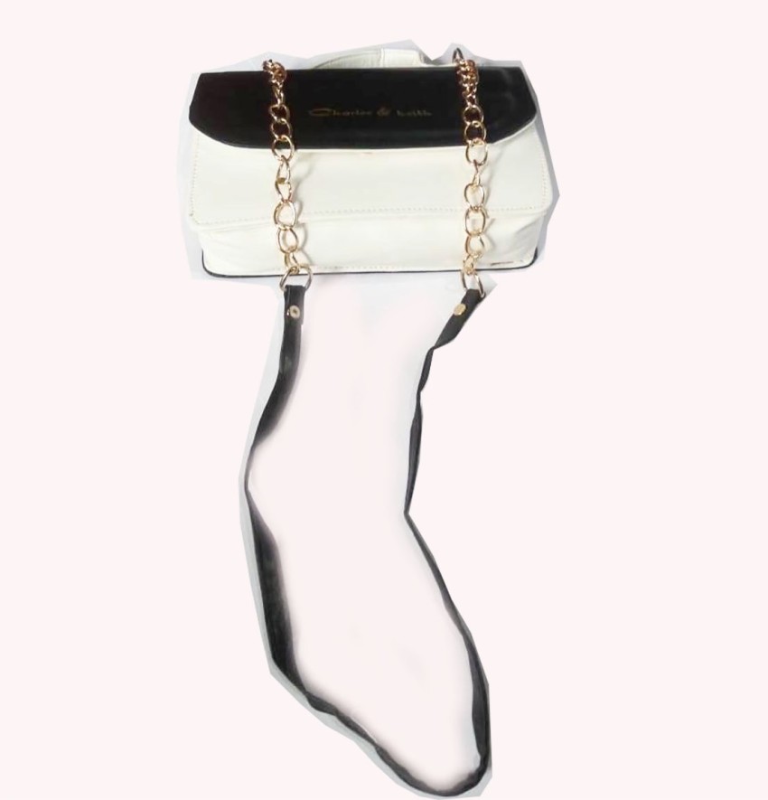 Charles and Keith Black, White Shoulder Bag PU Leather Black
