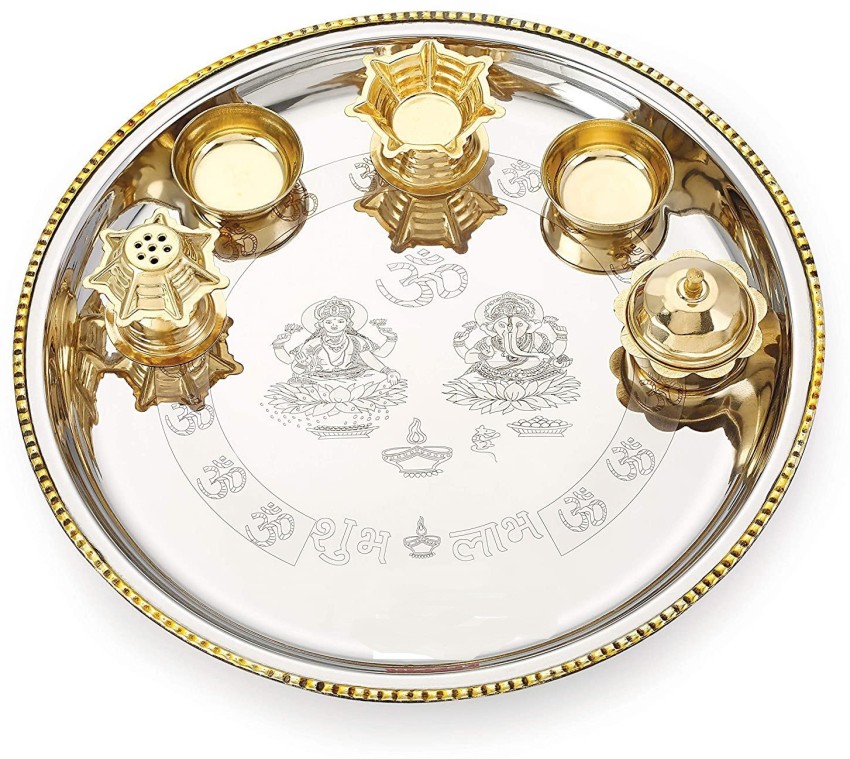 GOLDGIFTIDEAS 10 Inch Brass Premium Laxmi Ganesh Pooja Aarti Thali