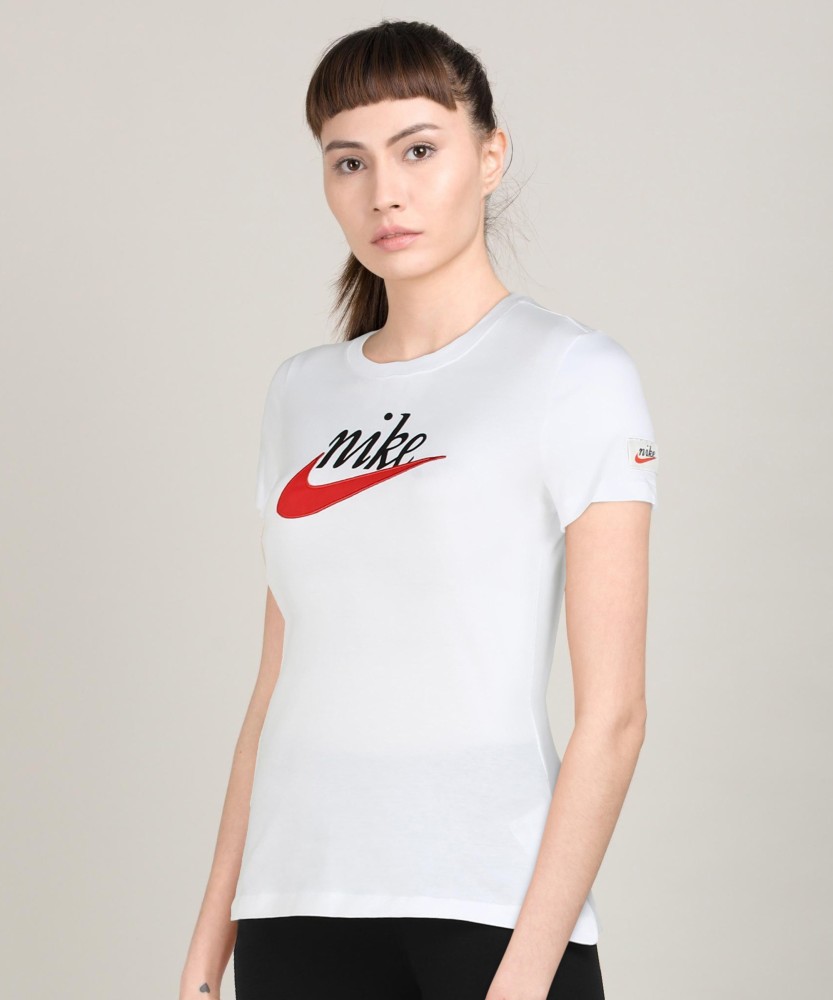 NIKE Printed Women Round Neck White T-Shirt