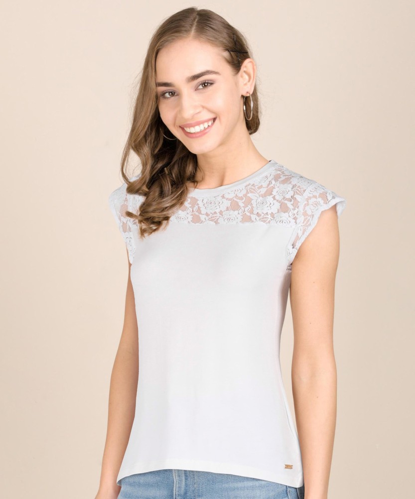Casual Regular Sleeves Lace Women White Top