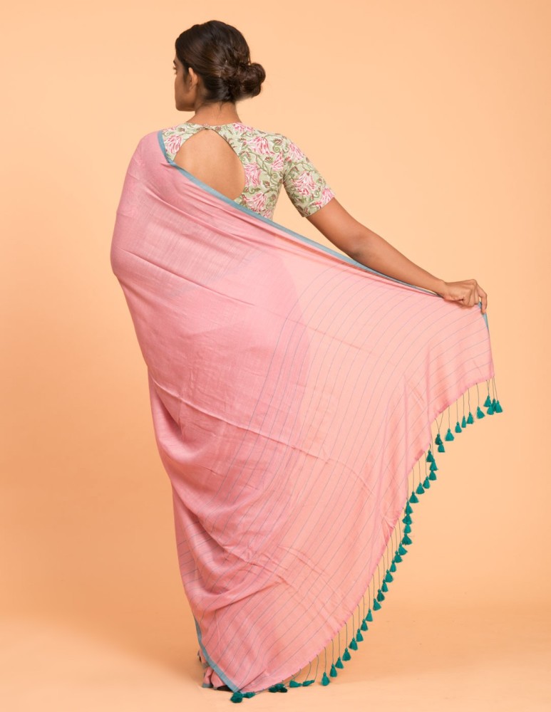 Buy Suta Pink Cotton Blend Solid Saree online