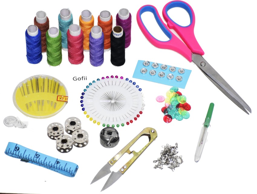 gofii Tailoring Sewing material : sewing kit include 13 item , 1 outer  cash, both side touch button , 1 threader , hook, multicolor button, 10  multicolor spool thread , stich opner