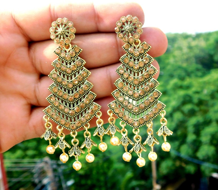 Anish Designer golden party wear long danglers for women Alloy Jhumki Earring