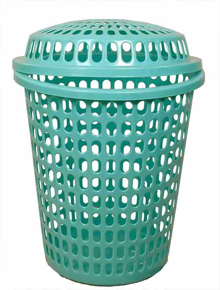 mastbus Dirty Clothes Laundry Basket Plastic with Lid Large Size For  Clothes 50 Litre Dress Storage Heavy Duty Round Shape (1 Pcs, Green)