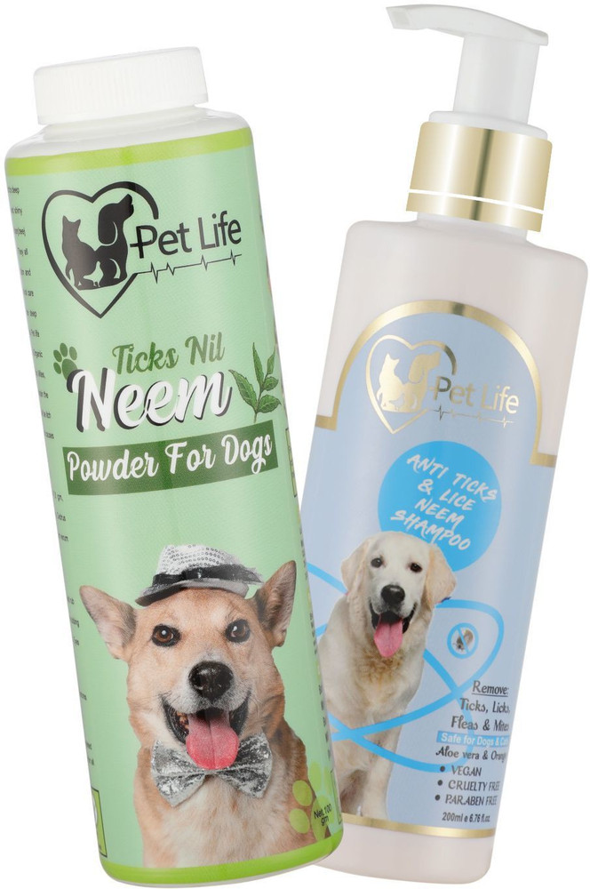 Pet Life Pure Organic Anti Ticks Lice Neem Shampoo 200 Ml And Ticks Nil Neem Powder 100 Gm Healthy Shiny Coat For Dogs Effective Deal With Ticks Lice Mites