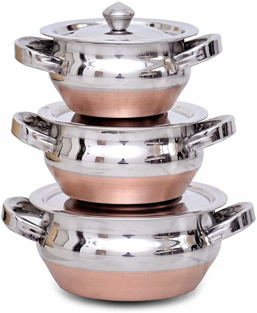 Dinner Set Stainless Steel Copper Bottom Handi Pot Pan 3 Piece Set  Combo/Steel 3 Handi Set ( Induction Bottom)