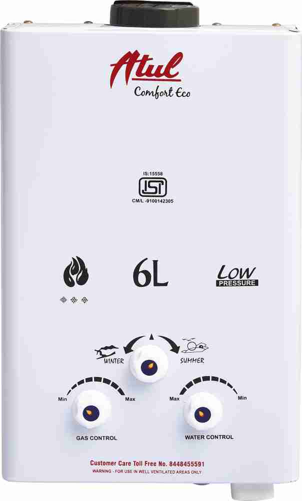 ATUL 6 L Gas Water Geyser (100% Copper Tank 800 gm Instant Gas LPG Water  Heater with Anti Rust Coating Geyser ISI Approved (White Metallic) (Comfort  Eco), White) Price in India -