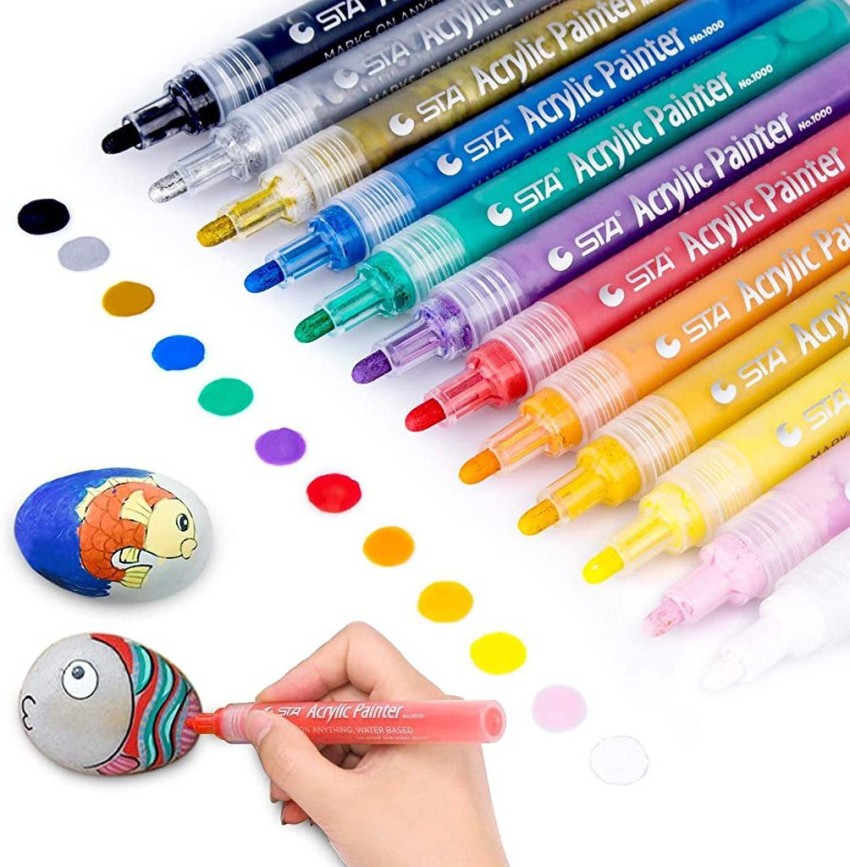 STA 12 Colors Permanent Acrylic Paint Art Marker Pen Set for Glass Fabric  Rock Painting