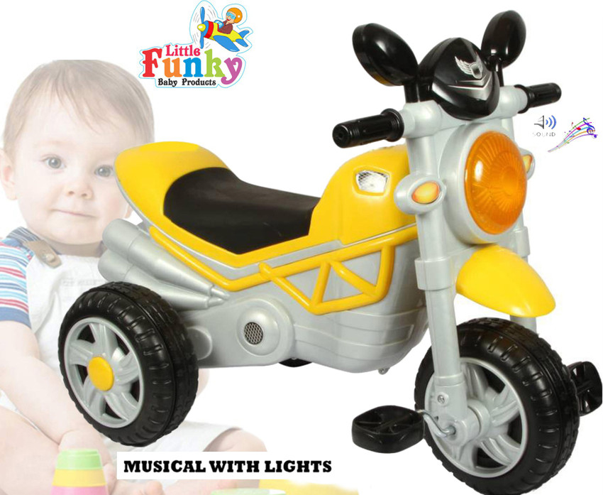 Little Funky Kids Ride On Bullet Bike Tricycle With Pedal N Music Led Lights for 2 to 4 Years Yellow Kids Ride On Bullet Bike Tricycle With Pedal N