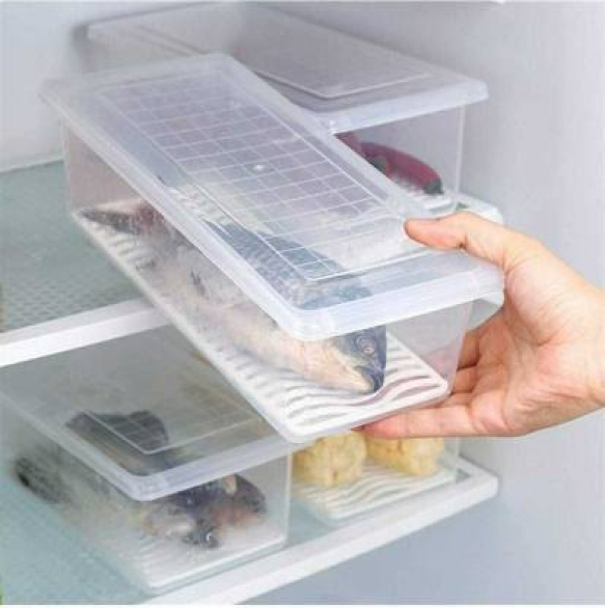 Buy BMG IMPORT EXPORT Set of 2 Fridge Storage Boxes Fridge Organizer with  Removable Drain Plate and Lid Stackable Fridge Storage Containers Plastic  Freezer Storage Containers for Fish, Meat, Vegetables, Fruits (1500ML)